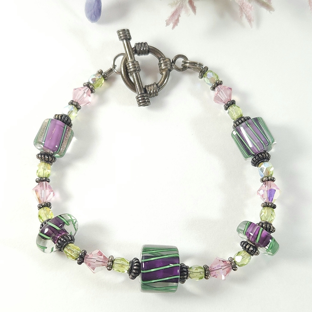 Handmade Vermeil Artisan Furnace Glass Beaded & Swarovski AB Crystal Bracelet